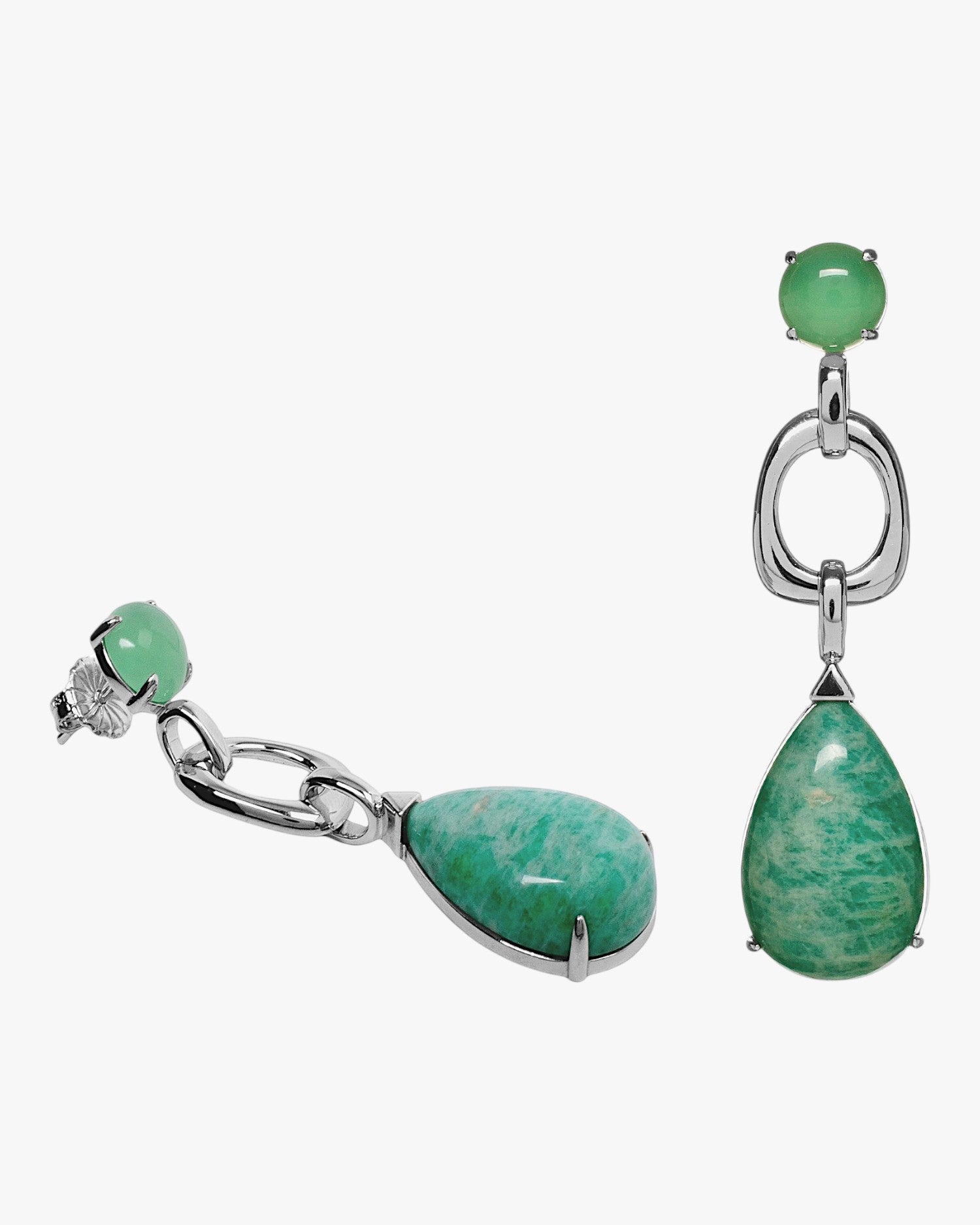Silver drop earrings with green teardrop stone and links