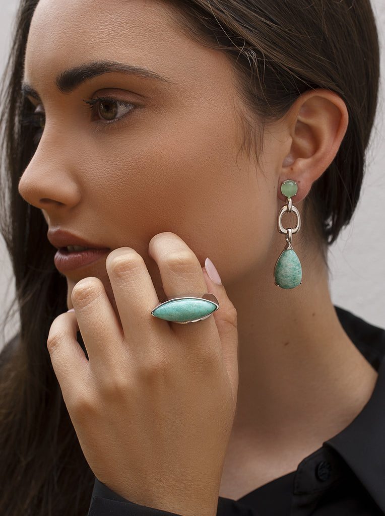 Silver drop earrings with green teardrop stone and links
