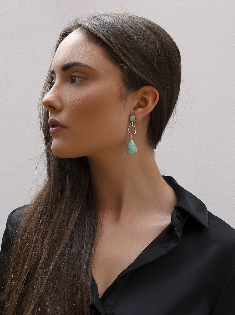 Silver drop earrings with green teardrop stone and links