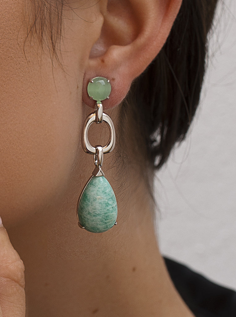 Silver drop earrings with green teardrop stone and links