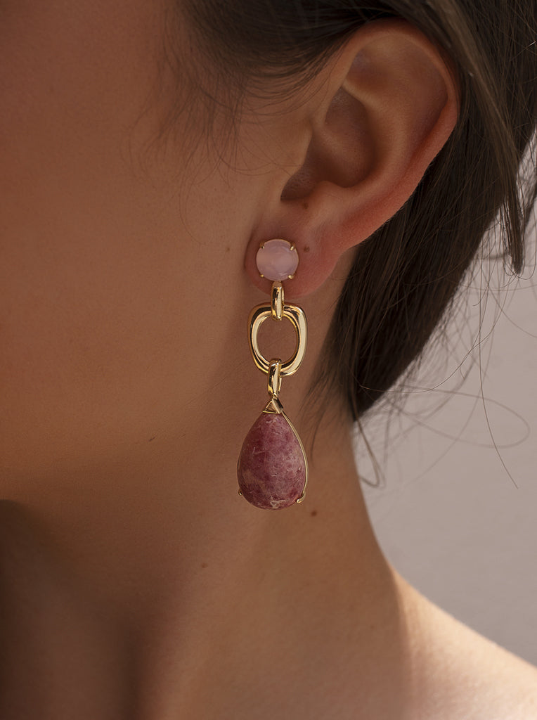 Gold-plated silver earrings with a pink tear-drop stone