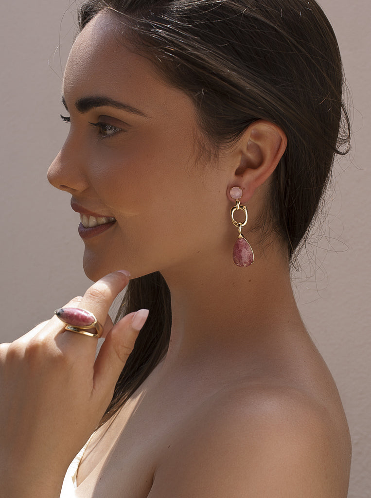 Gold-plated silver earrings with a pink tear-drop stone