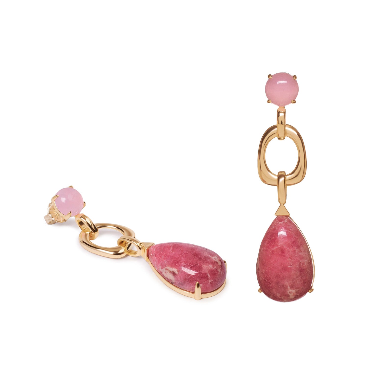 Pendientes de plata bañada en oro con piedra rosa en lágrima