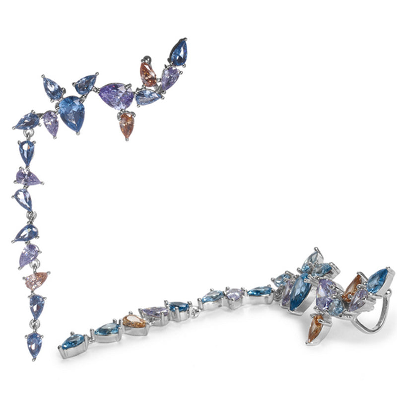 Long silver climber-style earrings with colorful stones