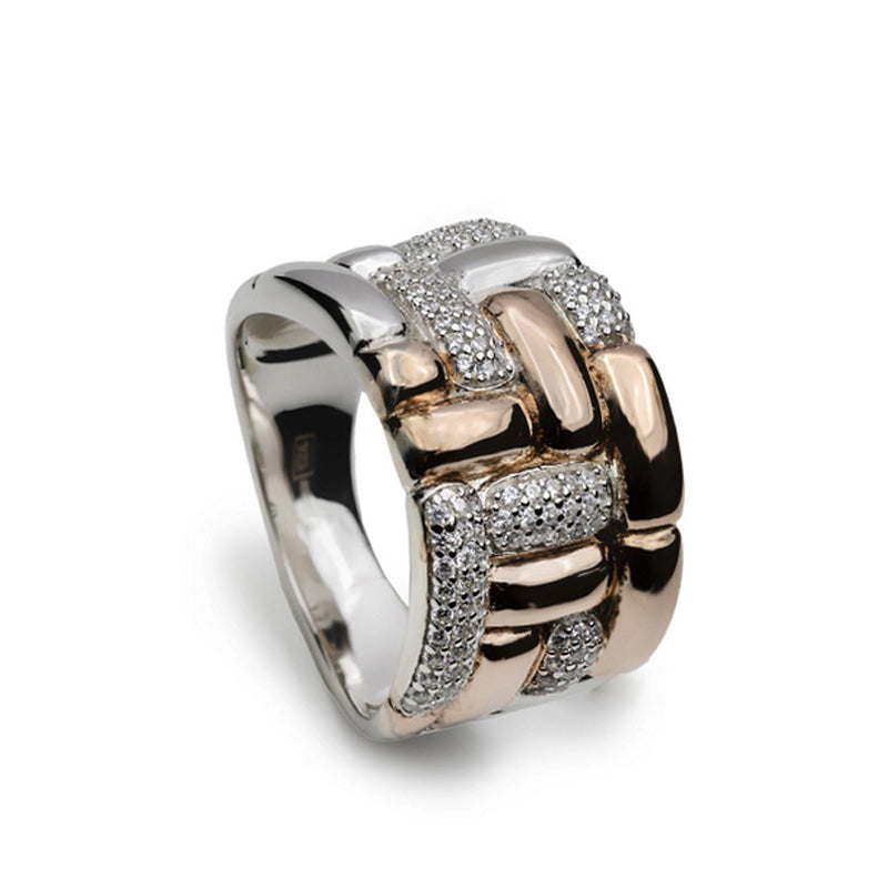 Anillo bicolor de plata estilo tejido con circonitas