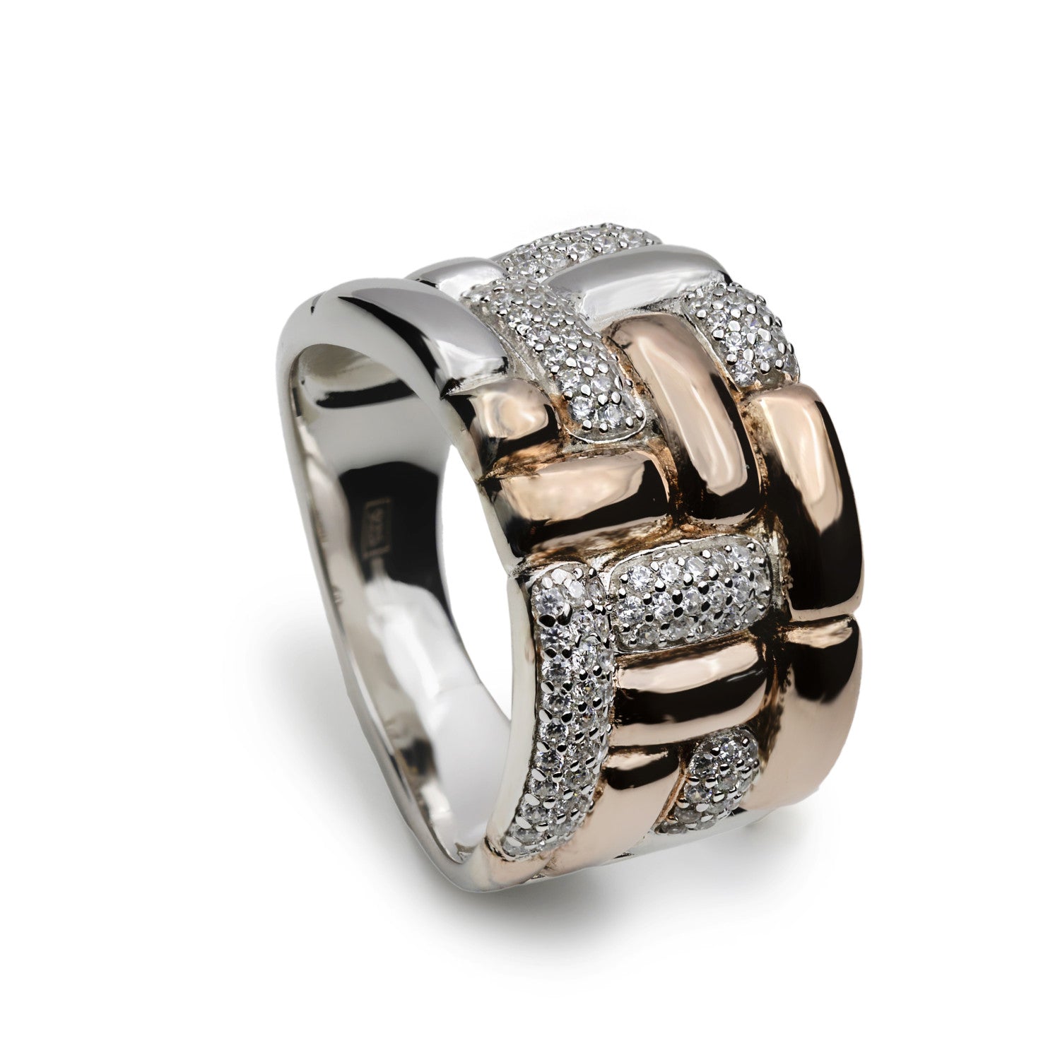 Anillo bicolor de plata estilo tejido con circonitas