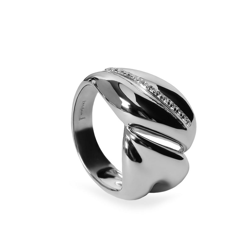 Anillo ancho abstracto de plata con circonitas