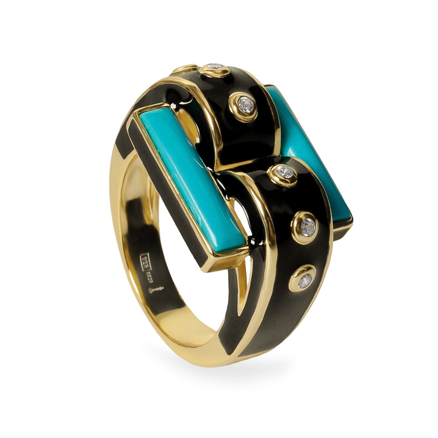 Anillo de plata bañada en oro con esmalte negro turquesa y circonitas