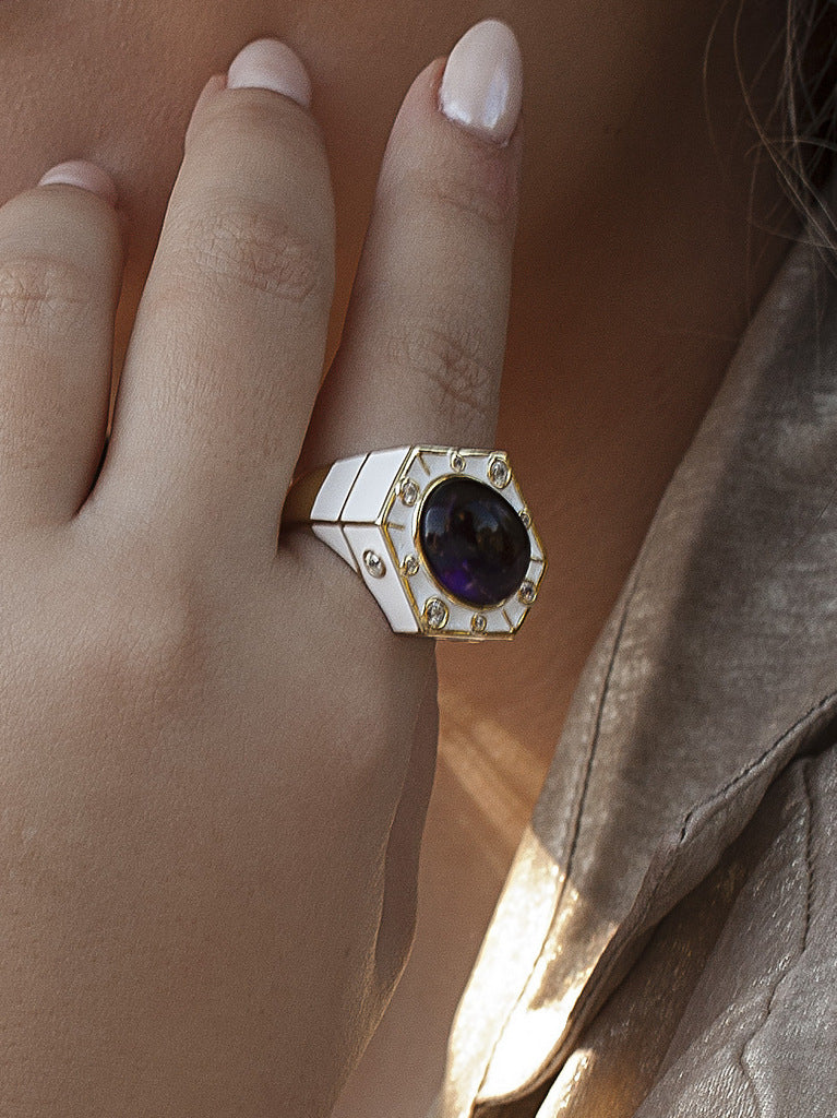 Gold-plated silver ring with white enamel, purple stone and cubic zirconia