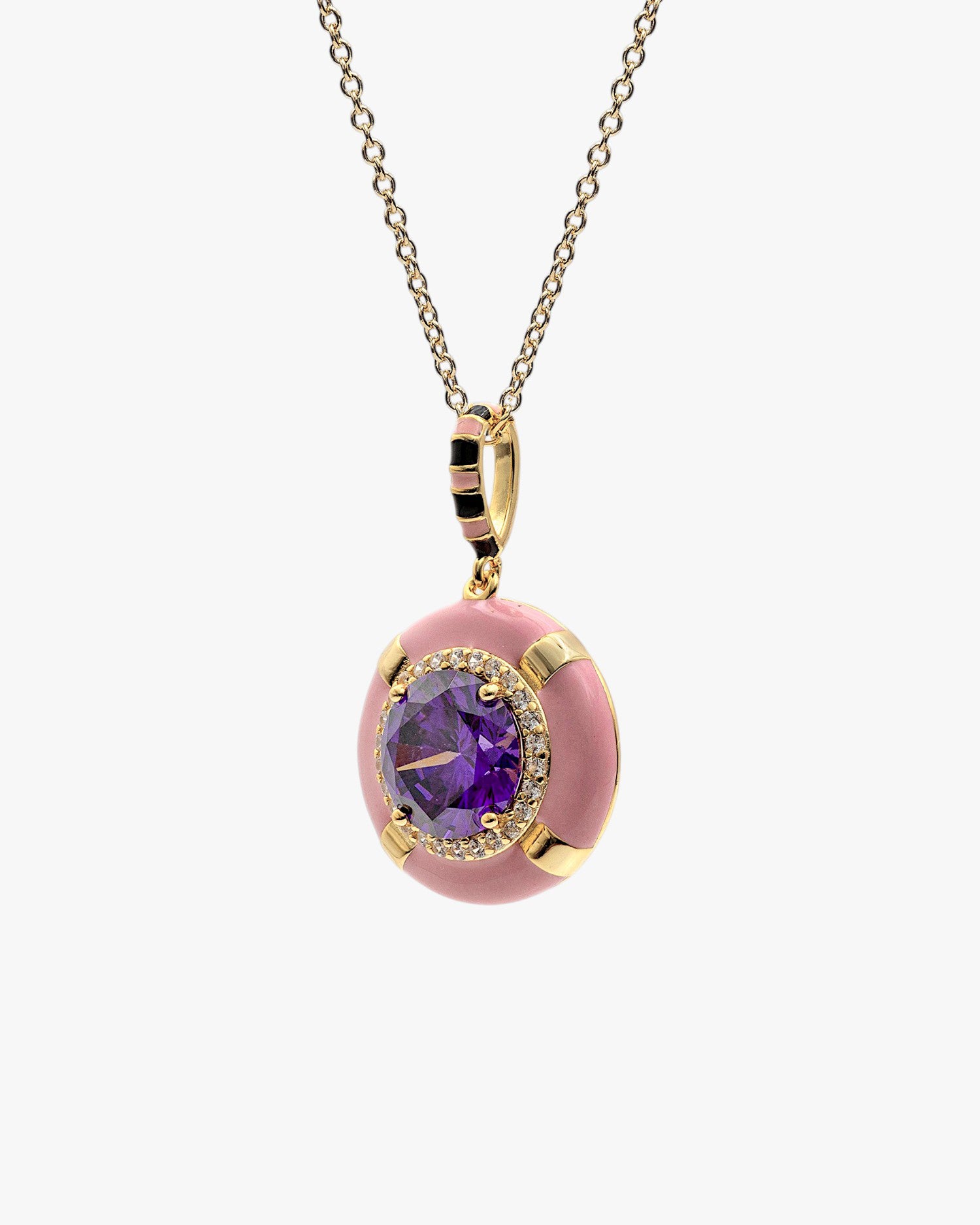 Collier en argent plaqué or avec pendentif rose, zircon cubique violet et zircon cubique.