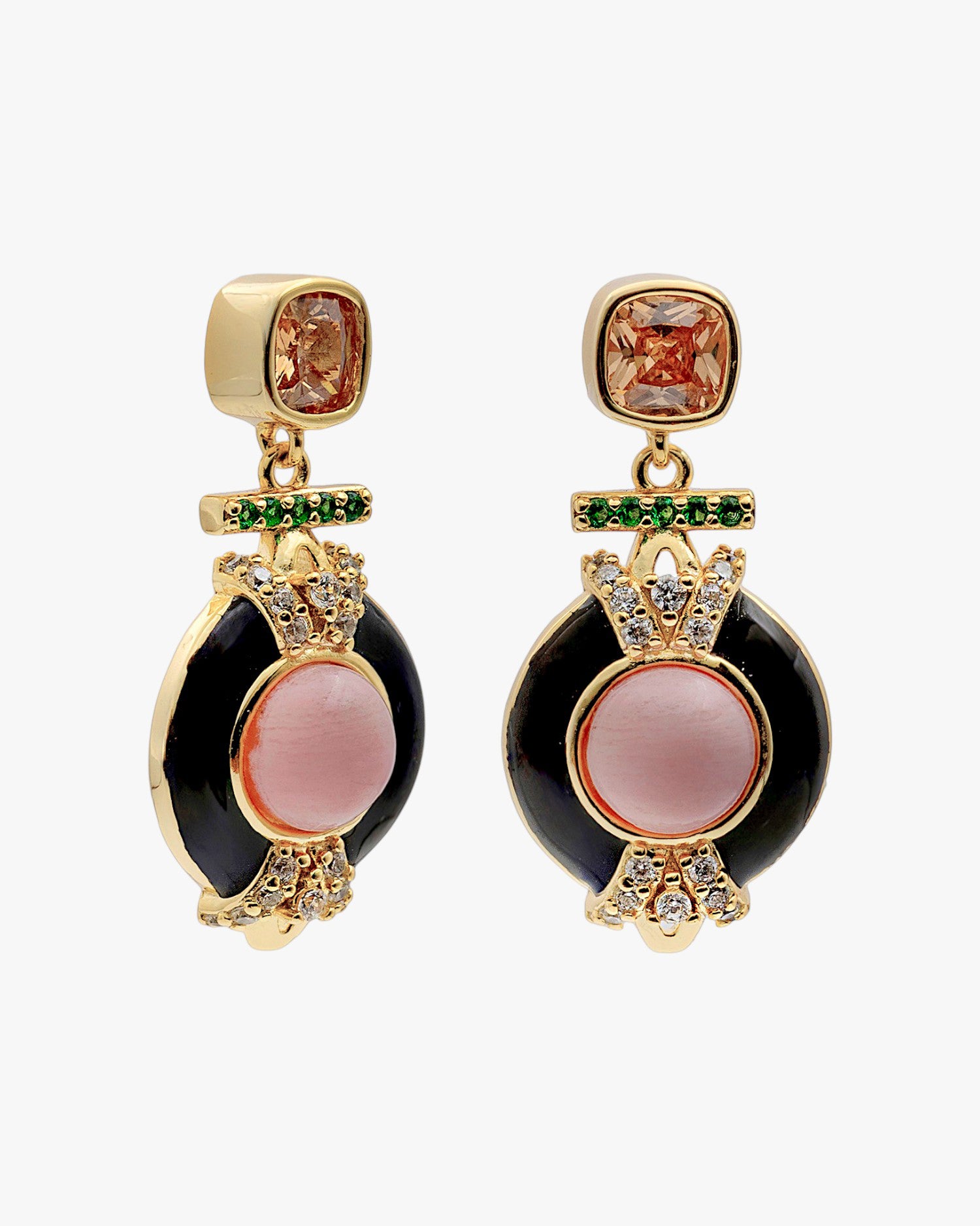 Boucles d'oreilles en argent plaqué or avec émail noir et rose et zirconiums cubiques