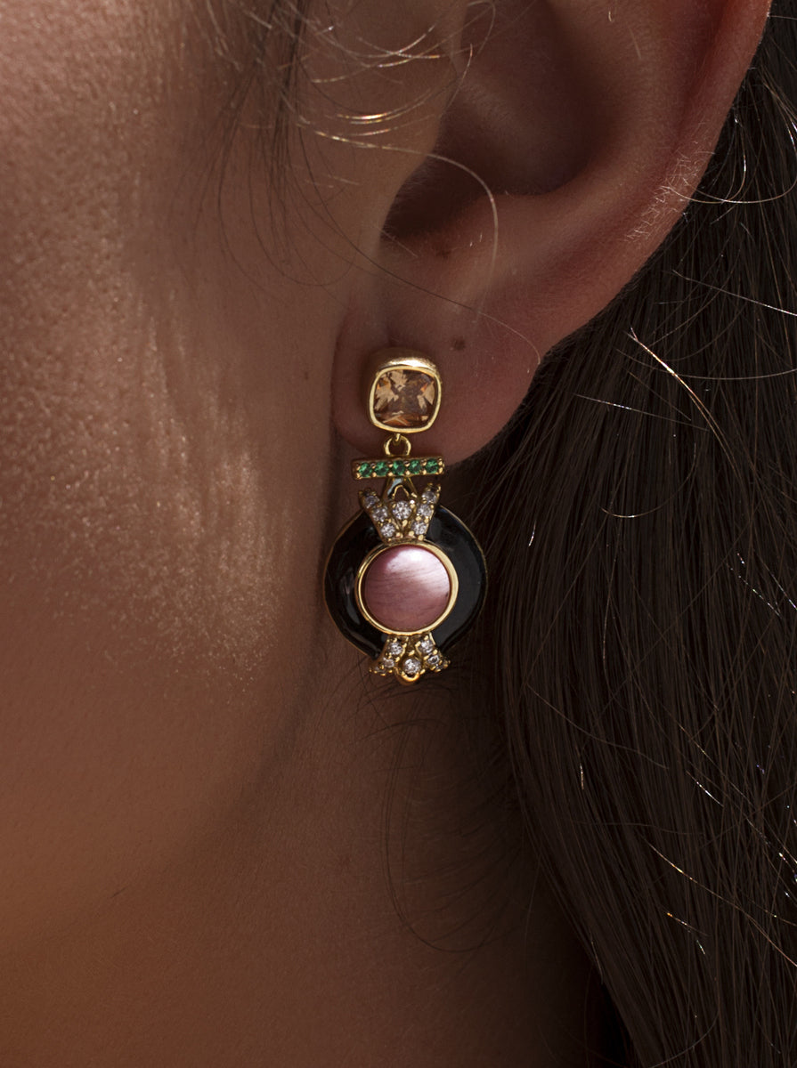 Gold-plated silver earrings with black and pink enamel and cubic zirconia