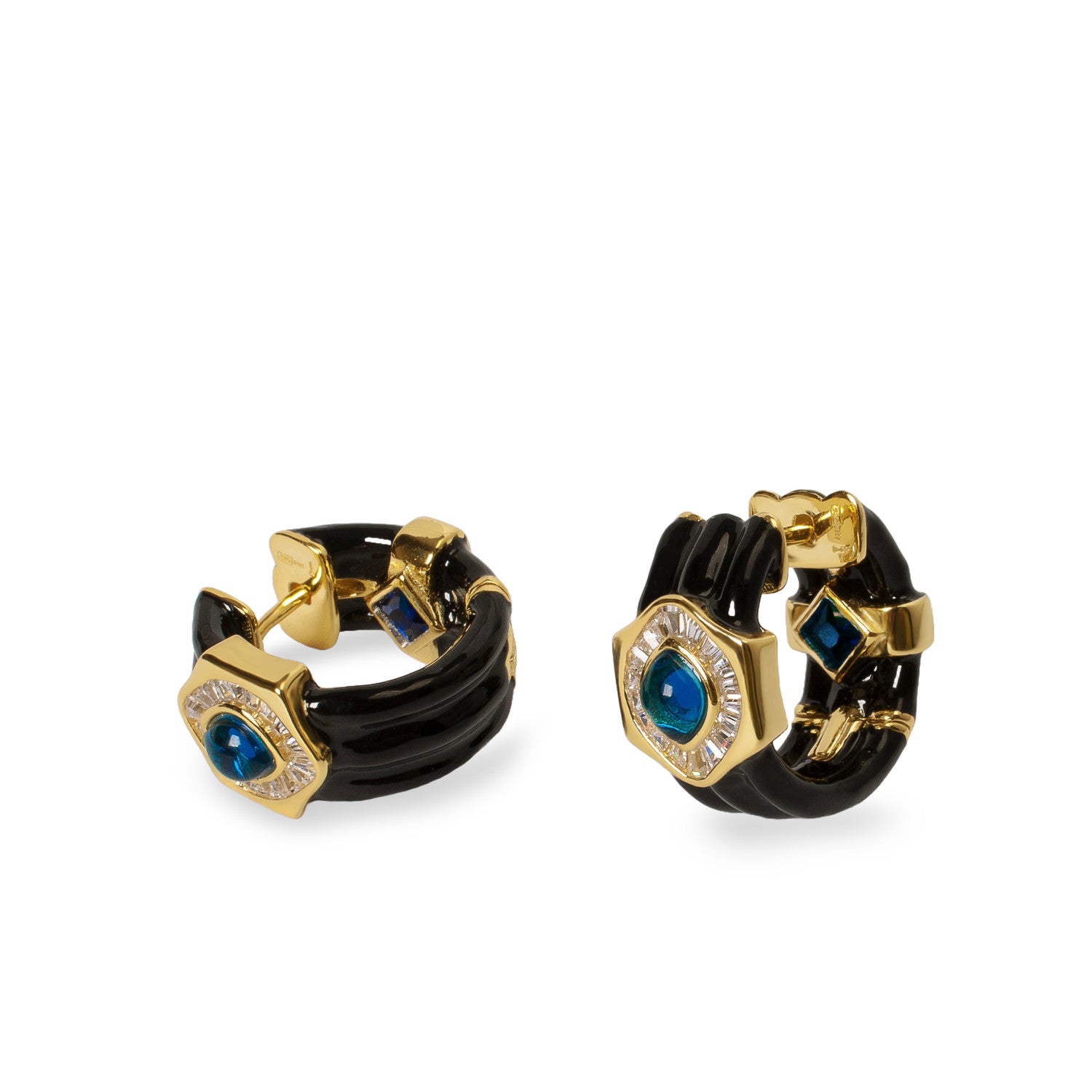 Pendientes aro de plata con esmalte negro y piedra azul