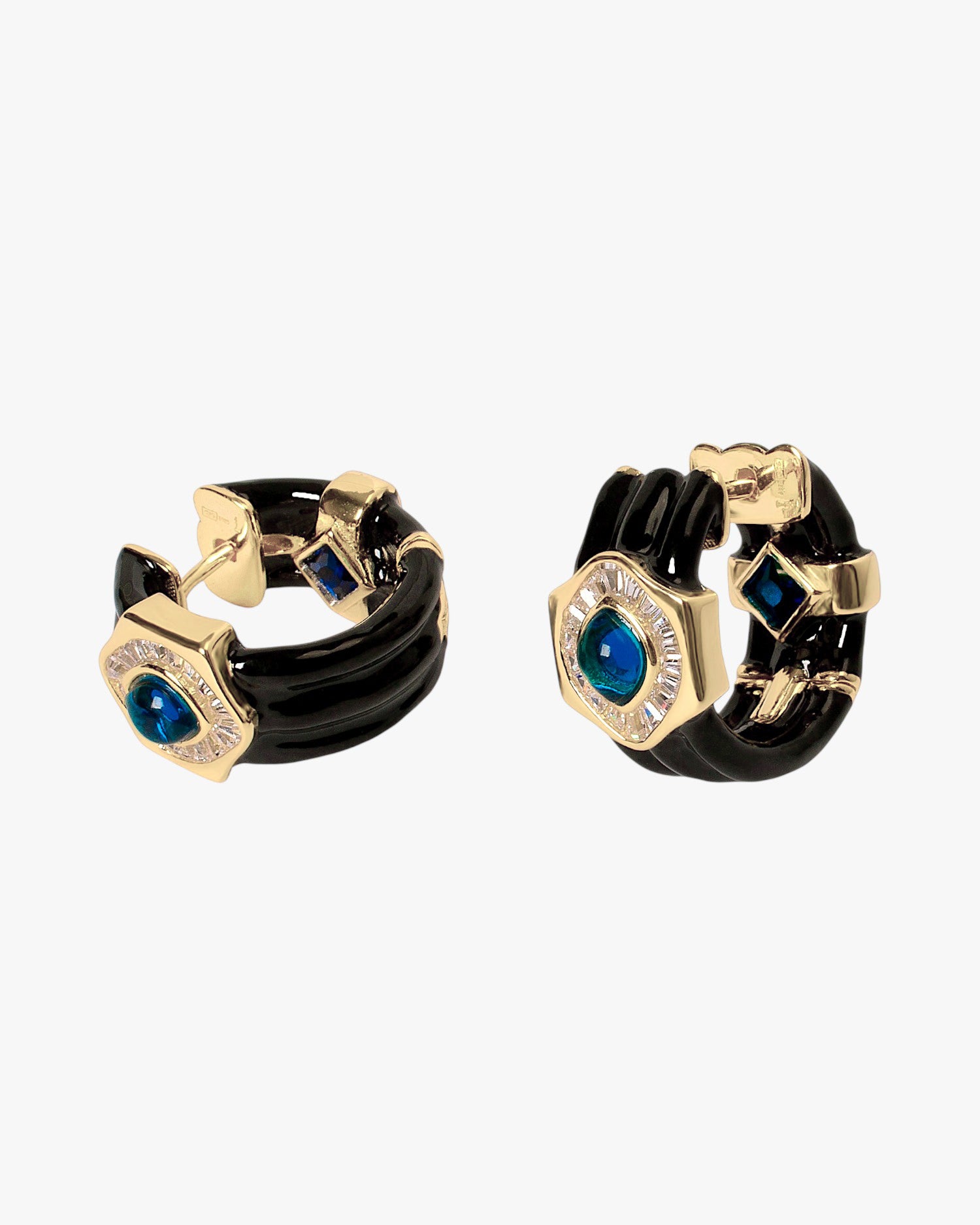 Boucles d'oreilles créoles en argent avec émail noir et pierre bleue