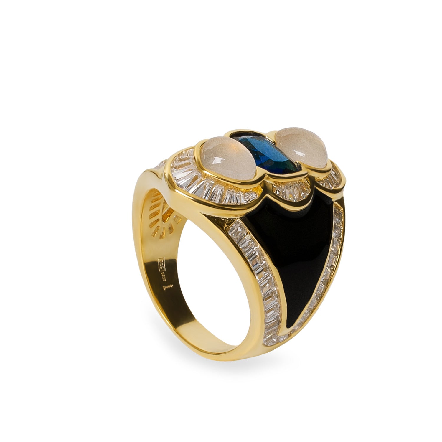 Anillo de plata dorado con esmalte negro piedra azul y circonitas