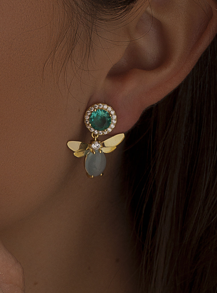 Dragonfly earrings in silver, gold, green and blue