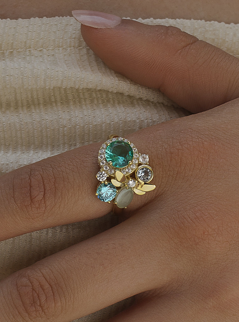 Anillo libélula de plata oro verde y azul