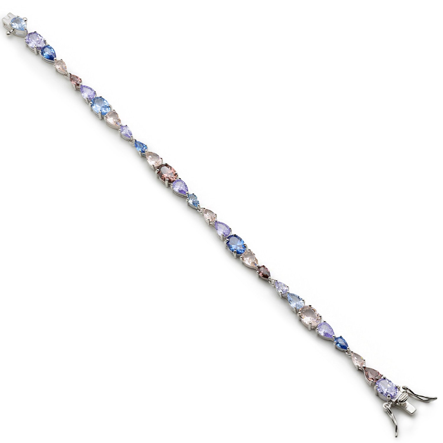 Bracelet en argent orné de pierres aux nuances de bleu et de rose
