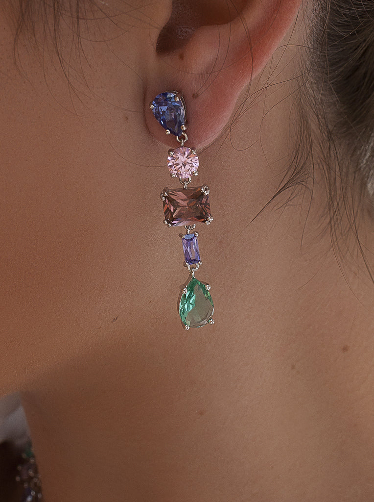 Earrings with multicolored stones in a geometric design.