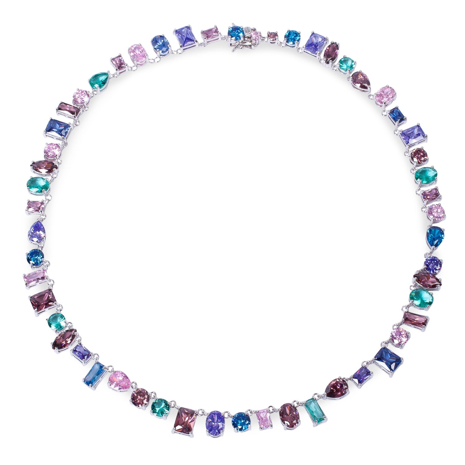 Necklaces with multicolored stones in a geometric design.