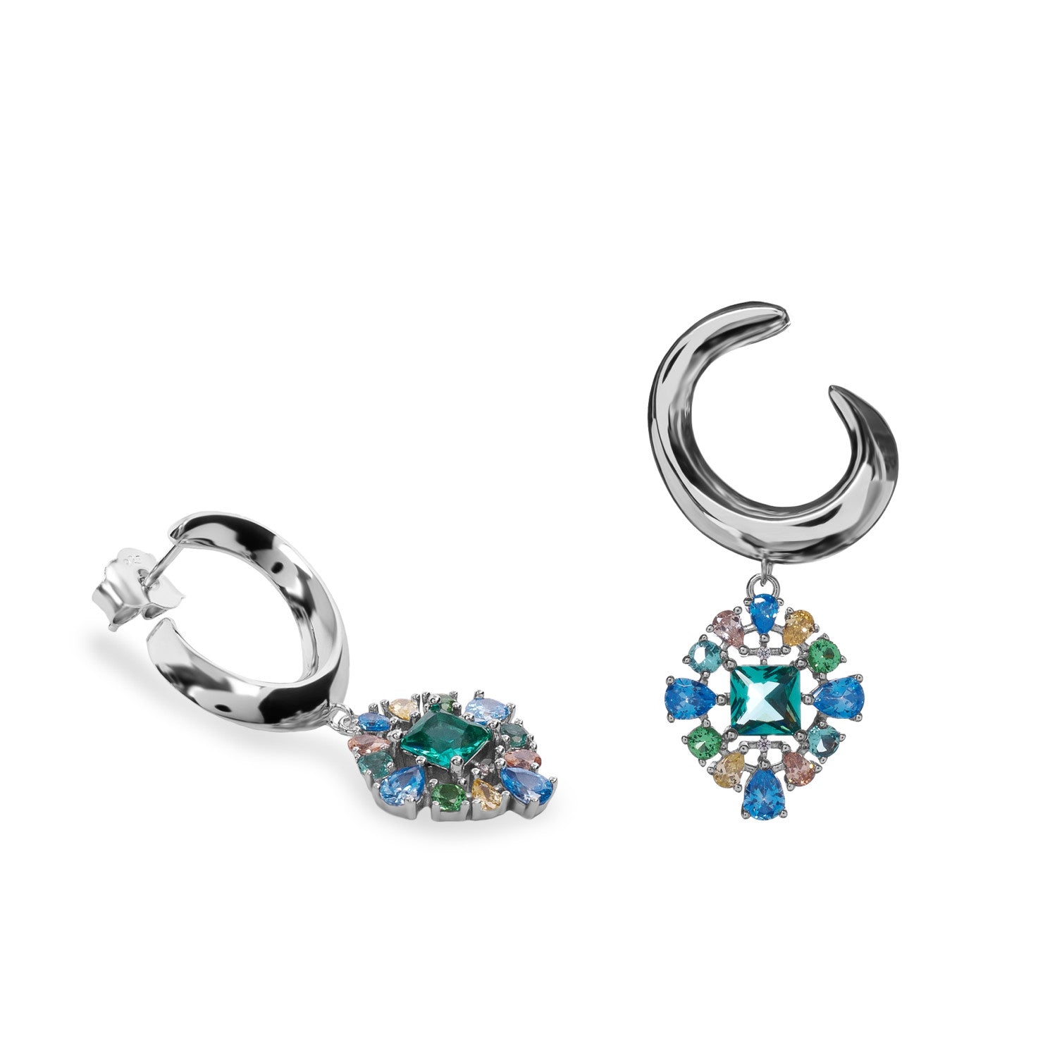 Pendientes asimétricos de plata 925 con circonitas multicolor