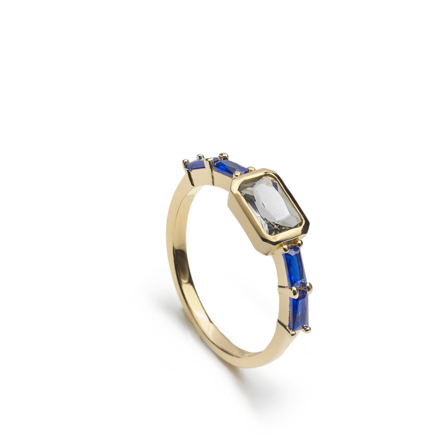 Anillo de plata de ley 925 con piedra rectangular y circonitas baguette azules
