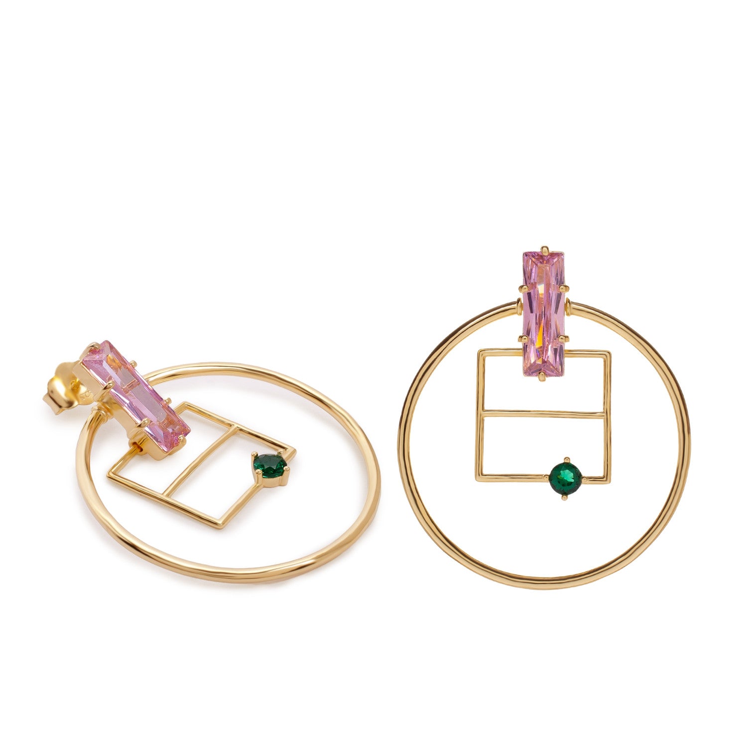Pendientes de plata de ley dorada con piedra rosa baguette y circonita verde