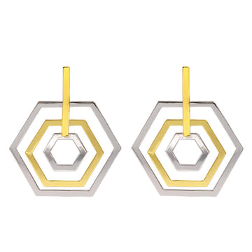 Boucles d'oreilles hexagonales argentées bicolores superposées