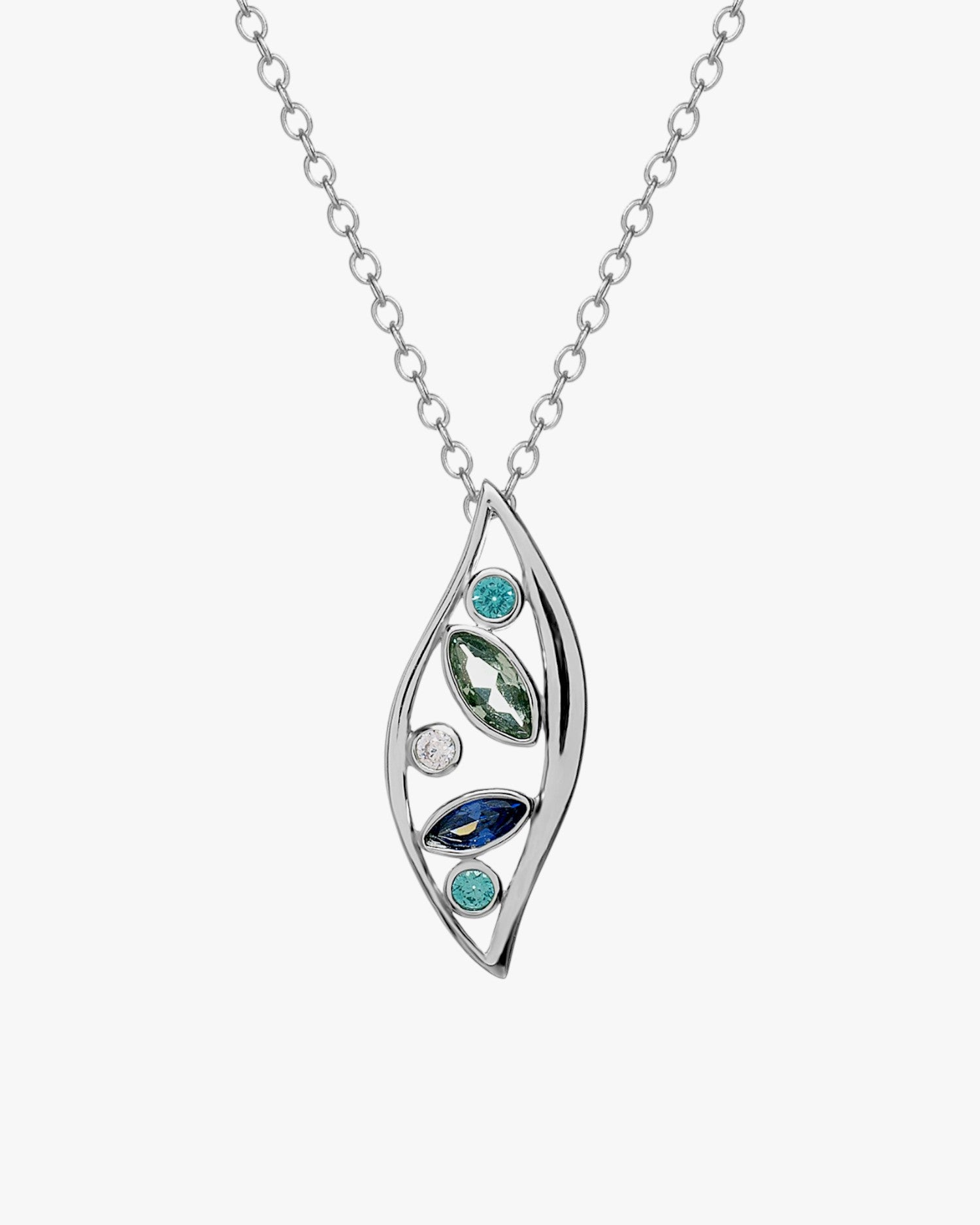 Silver necklace with leaf pendant and blue and green cubic zirconia