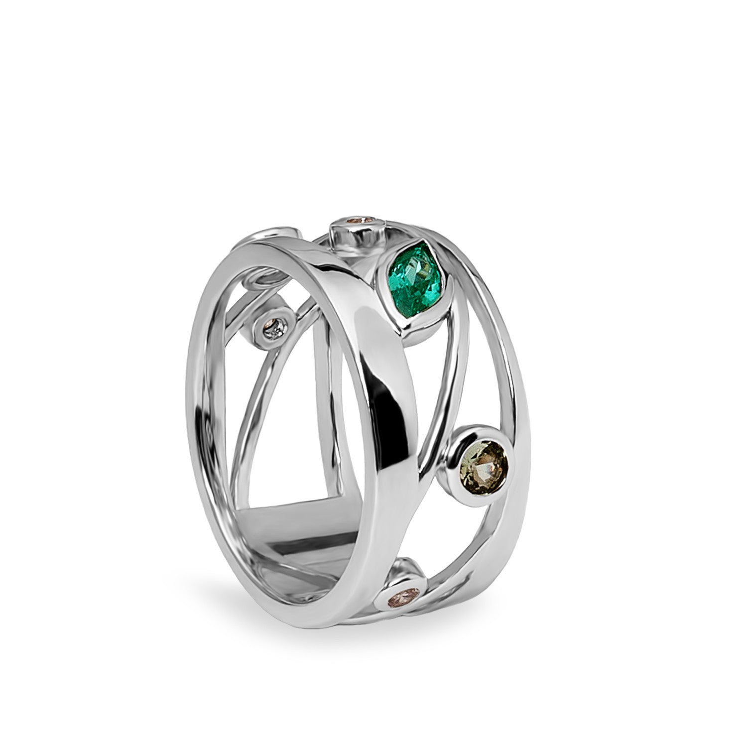 Anillo de plata cruzado con circonitas en tonos verde y champagne