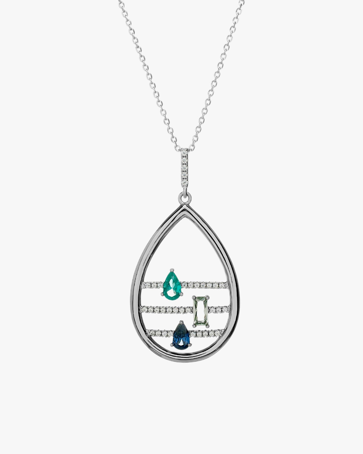 Silver necklace with tear-drop pendant and multicolor cubic zirconia