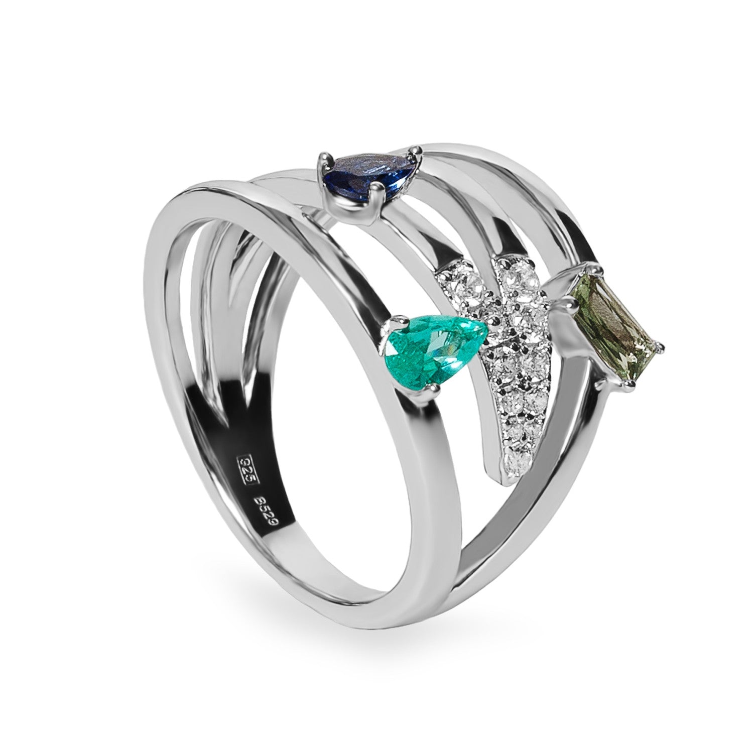 Anillo multitira de plata con circonitas multicolor