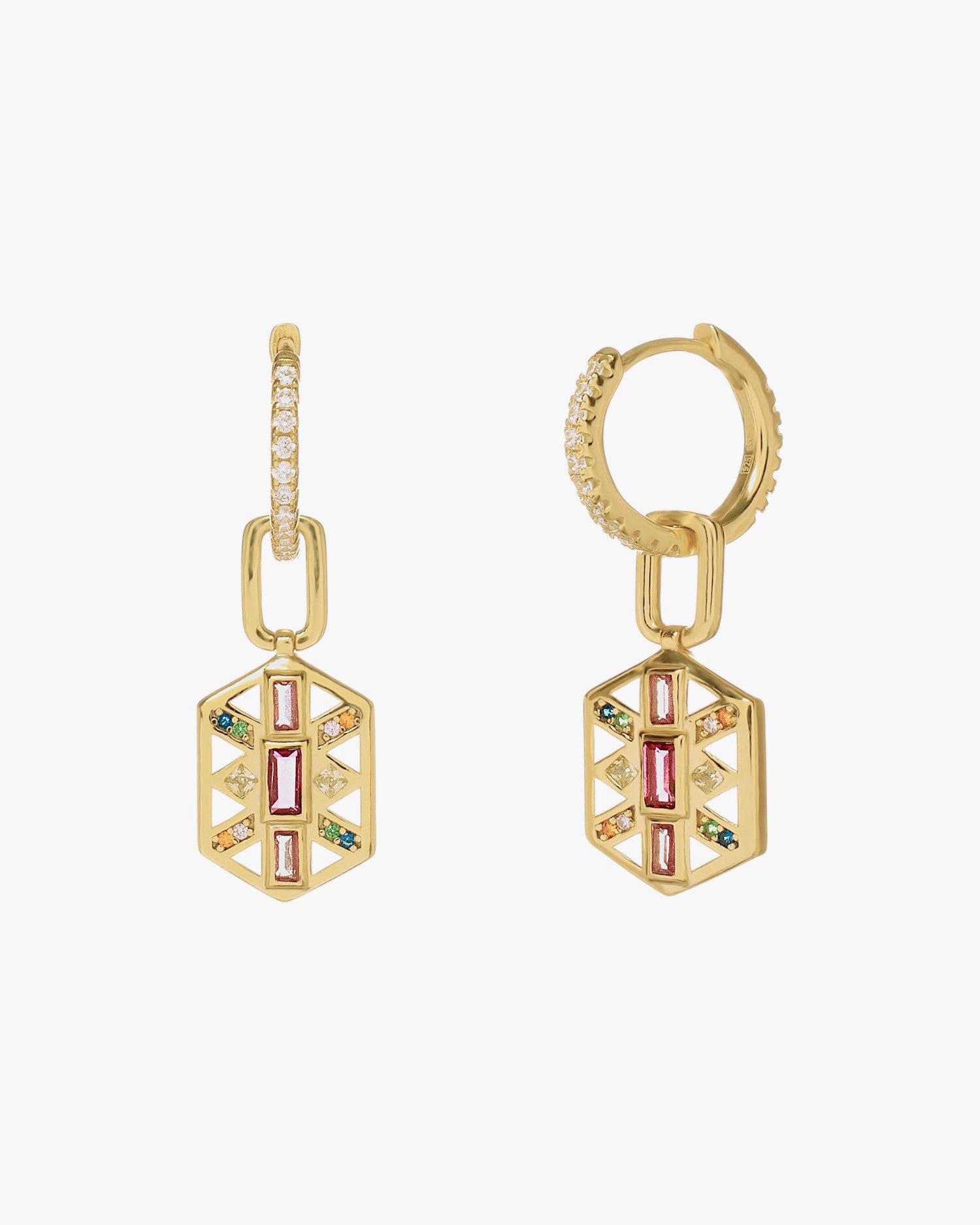 Créoles en argent plaqué or avec pendentif géométrique multicolore