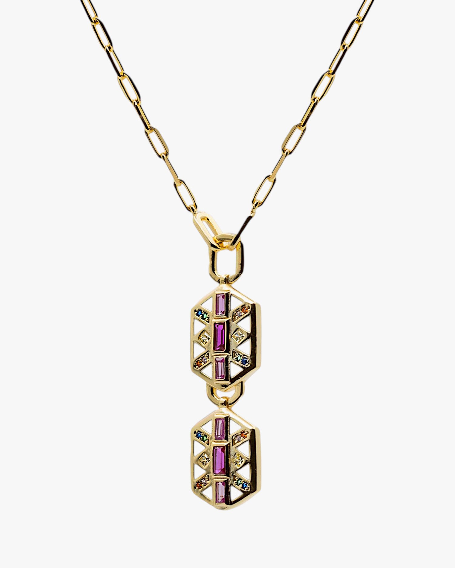 Collier en argent plaqué or avec double pendentif géométrique et oxydes de zirconium multicolores