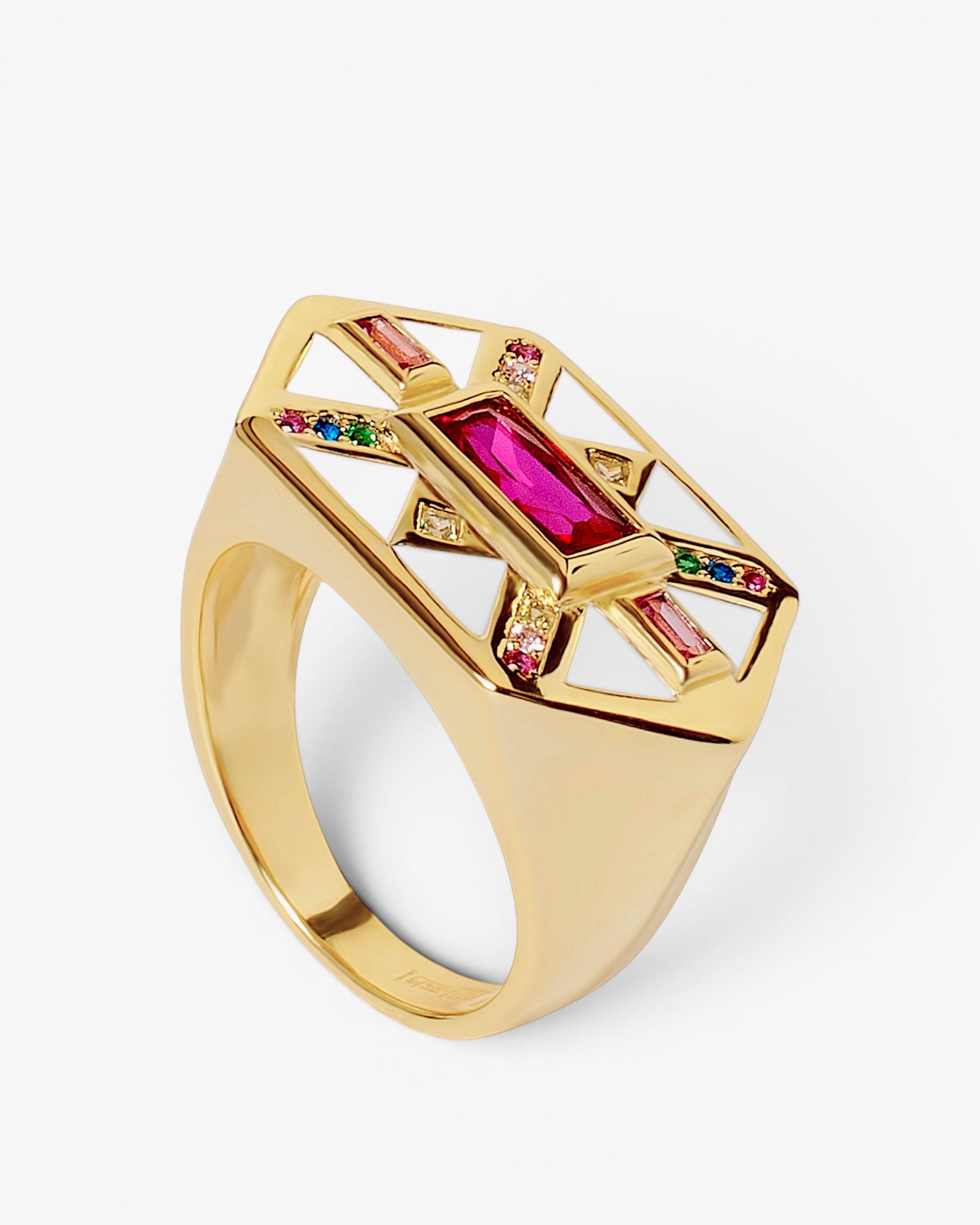 Bague chevalière en argent plaqué or avec émail blanc et zircons multicolores