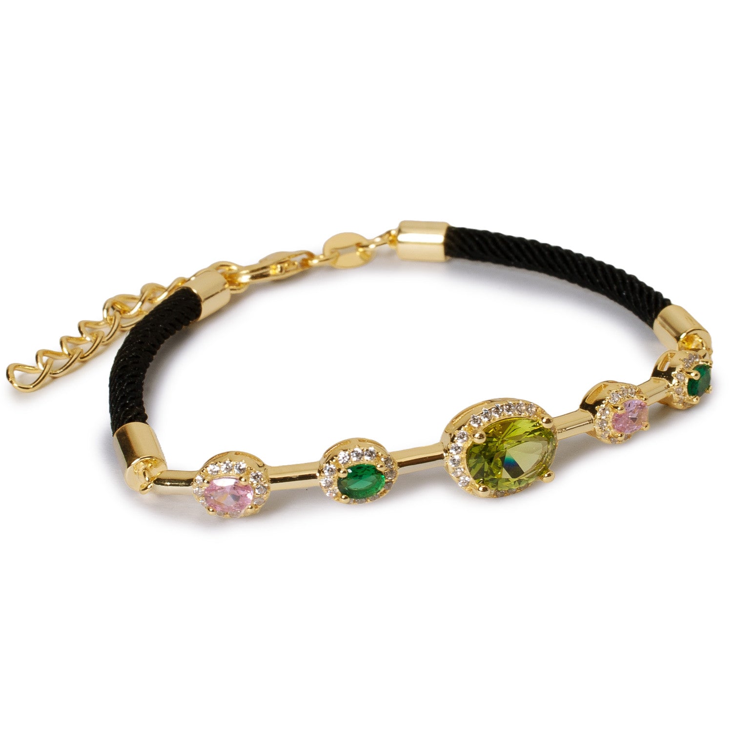 Silver bracelet with colored stones in shades of green and black cord