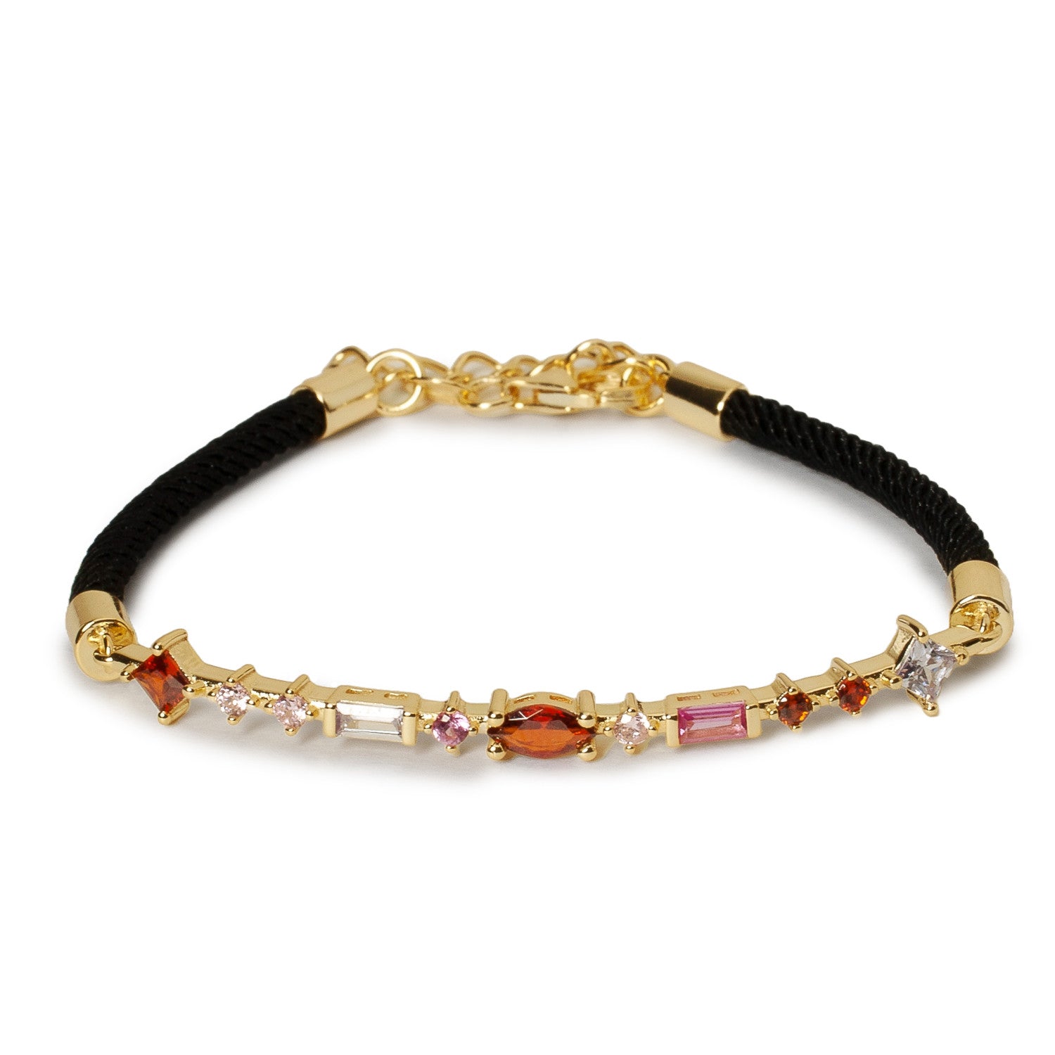 Pulsera de plata con piedras naranjas y cordón negro