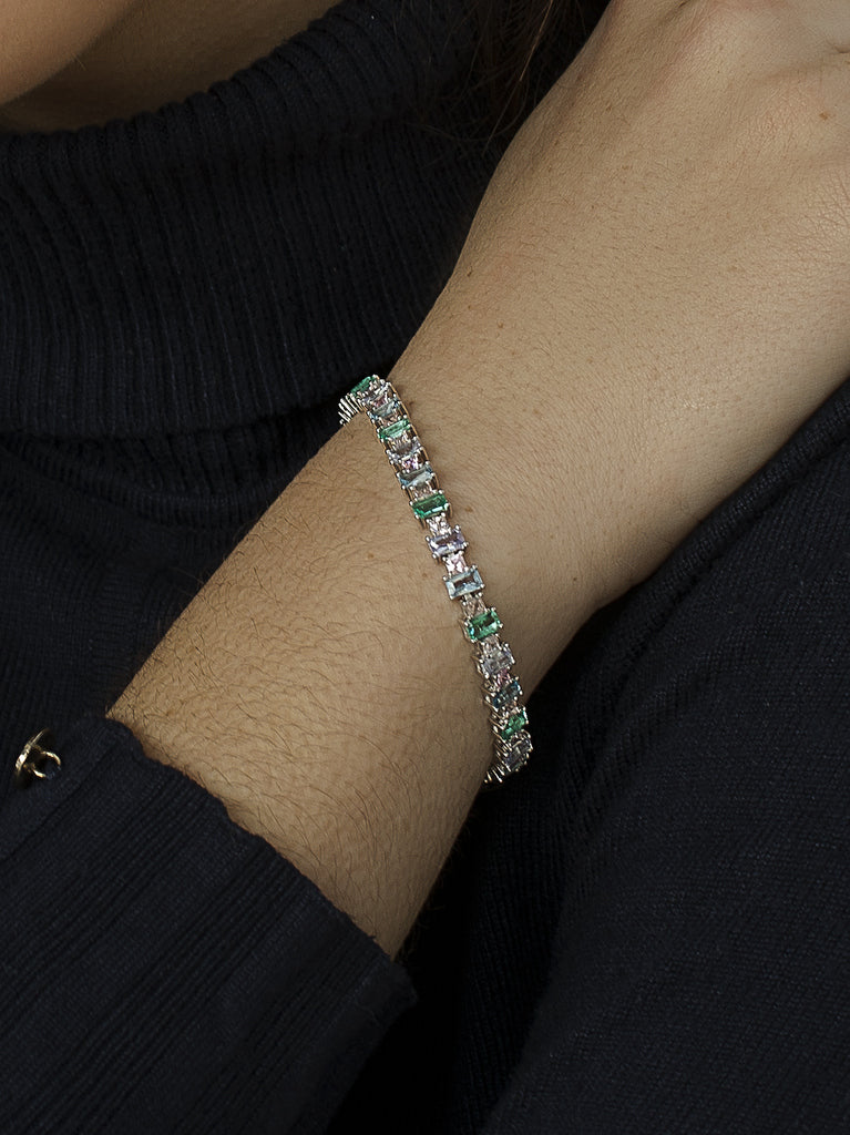 Silver bracelet with rectangular stones in cool tones