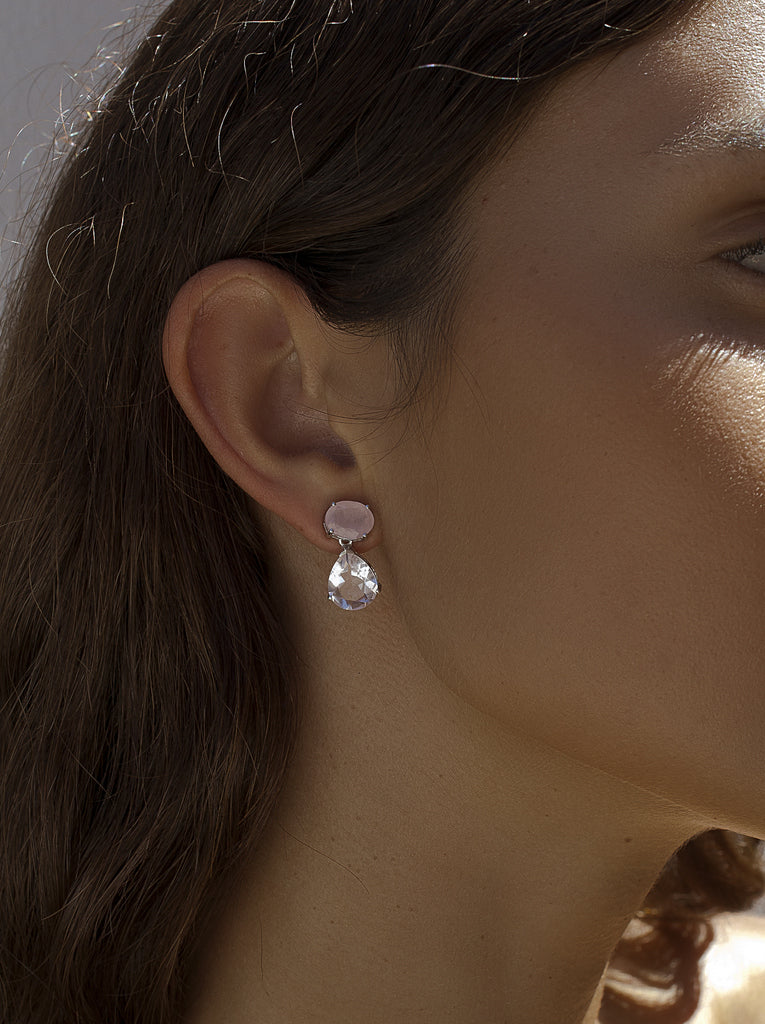 Pendientes bicolor de plata con piedra rosa y lila
