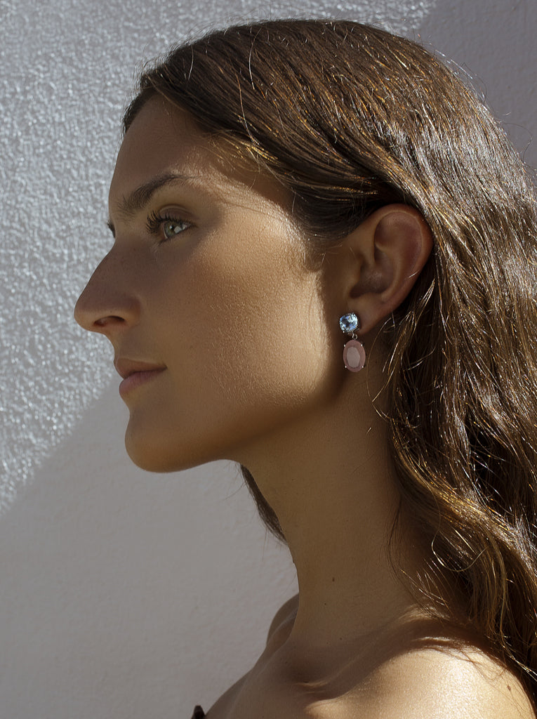 Pendientes bicolor de plata con piedras azul y rosa