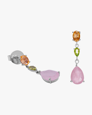 Pendientes largos multicolor de plata con piedra rosa