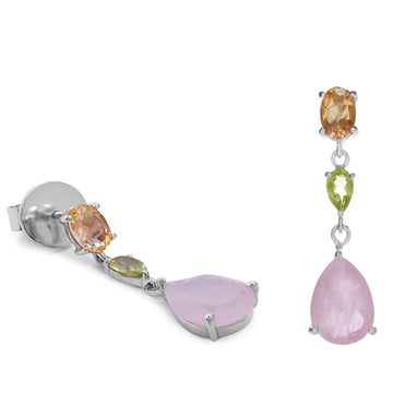 Pendientes largos multicolor de plata con piedra rosa