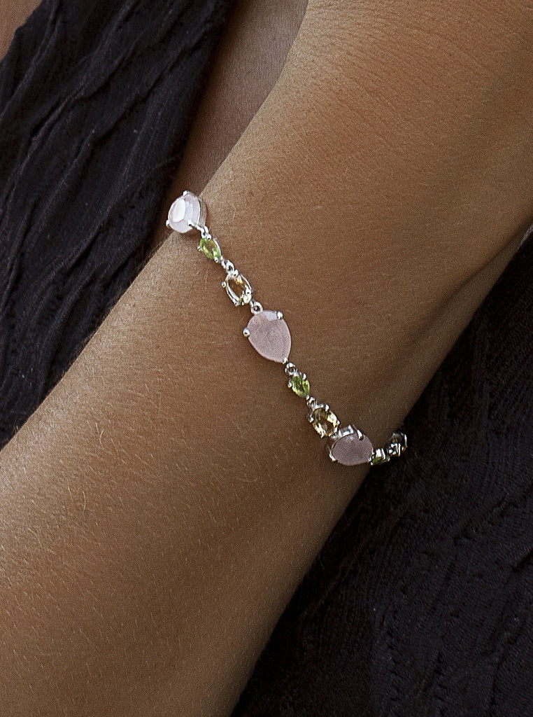 Pulsera multicolor de plata con piedras rosa verde y champagne