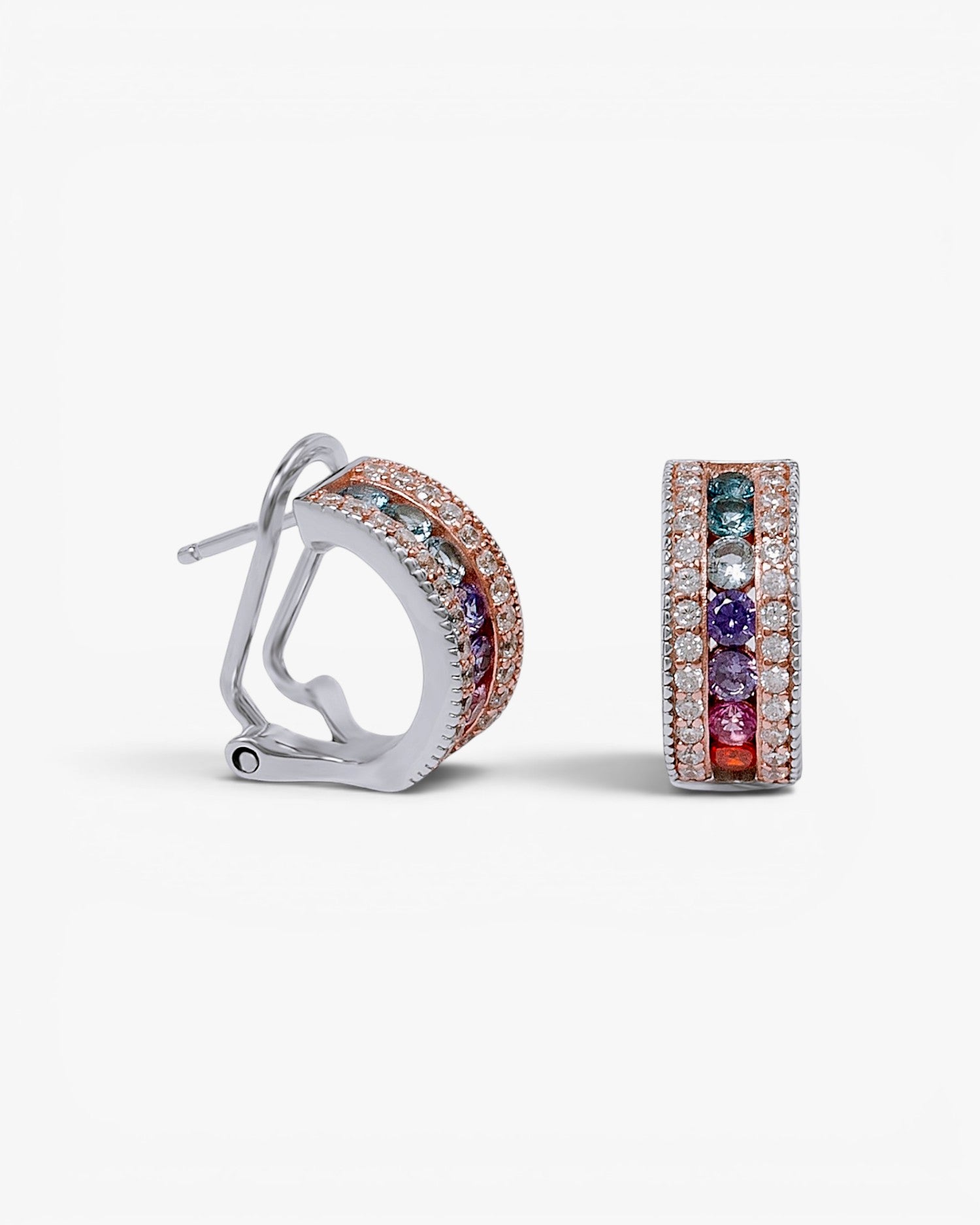 Silver hoops with multicolored stones in a rainbow design