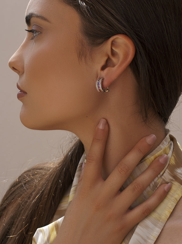 Silver hoops with multicolored stones in a rainbow design