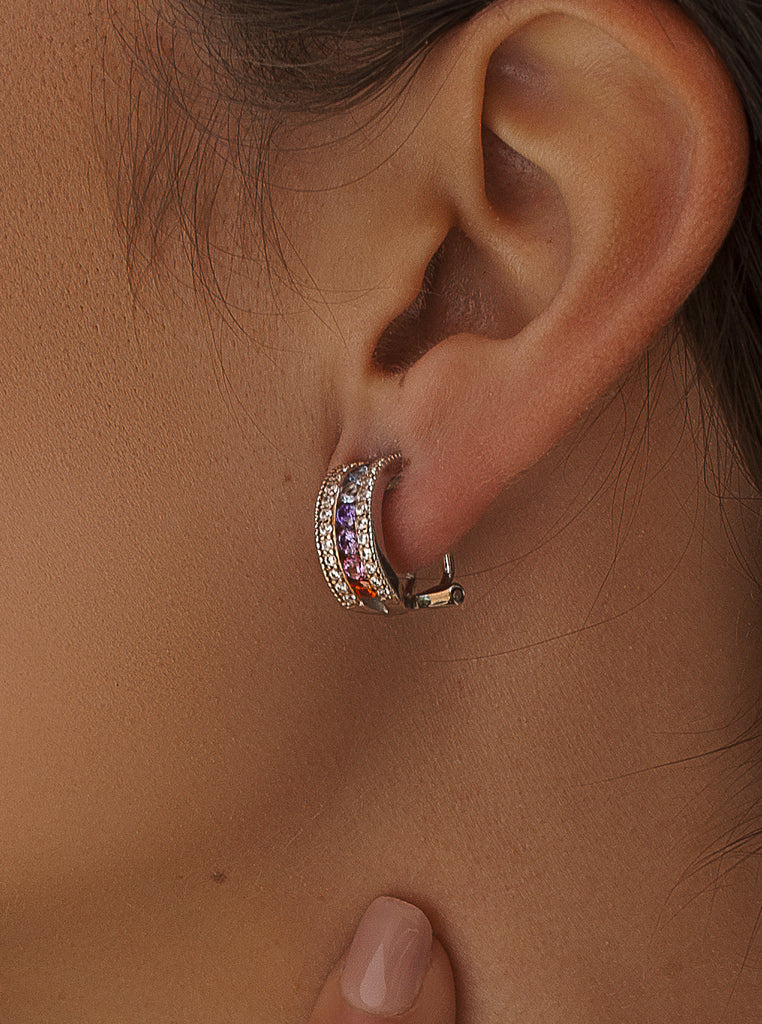 Silver hoops with multicolored stones in a rainbow design