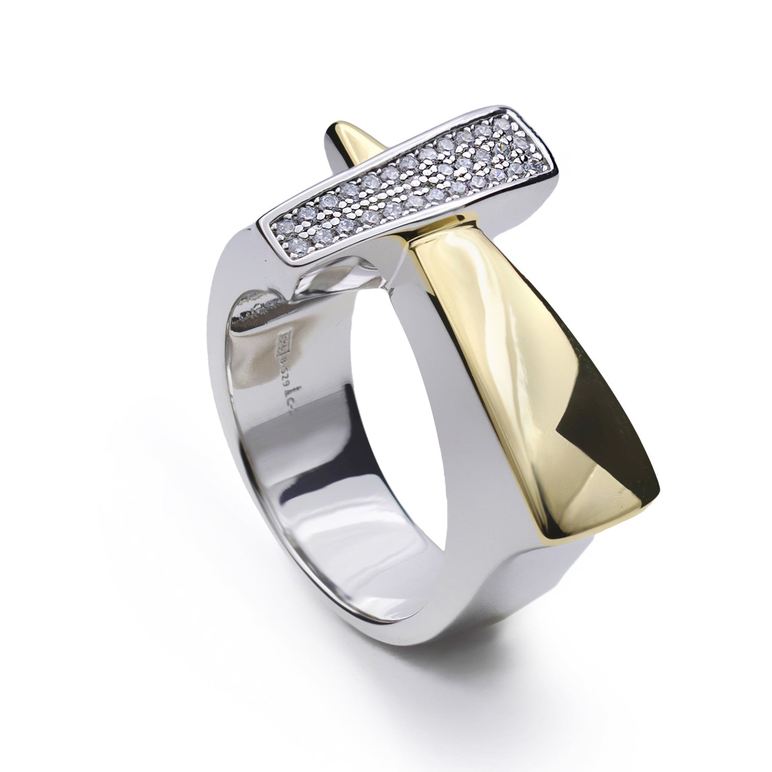 Anillo bicolor de plata con circonitas diseño geometrico