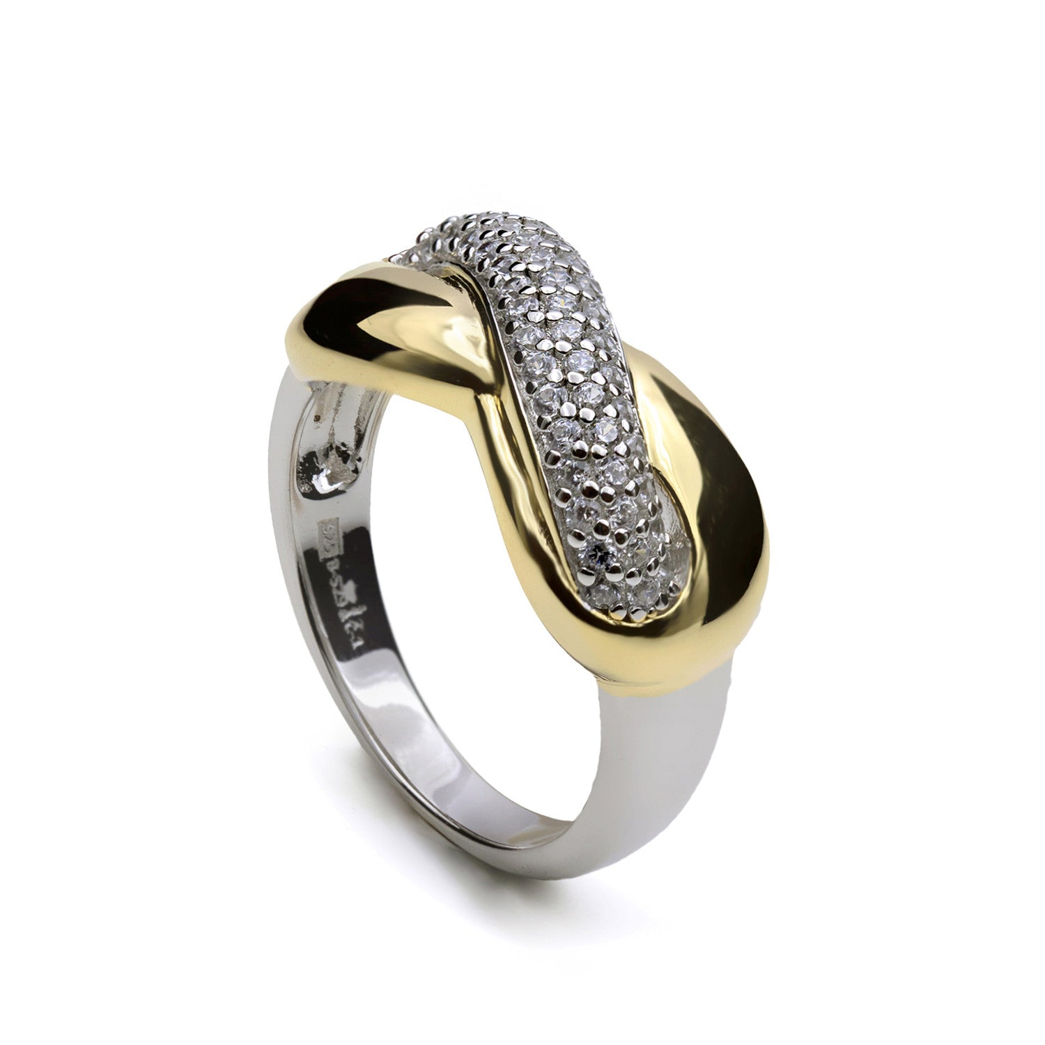 Anillo bicolor de plata con circonitas diseño enlazado