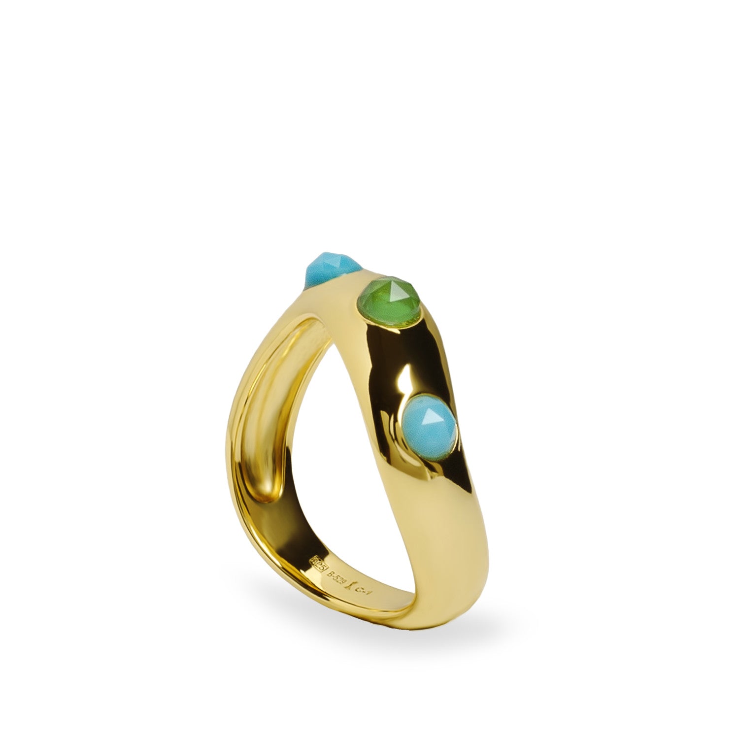Anillo de plata bañada en oro con piedras turquesa y verde