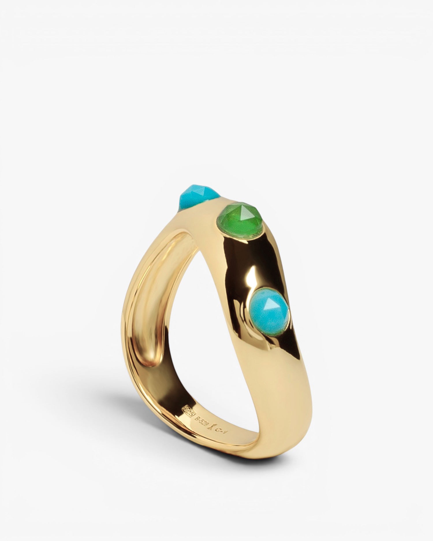 Bague en argent plaqué or avec des pierres turquoises et vertes